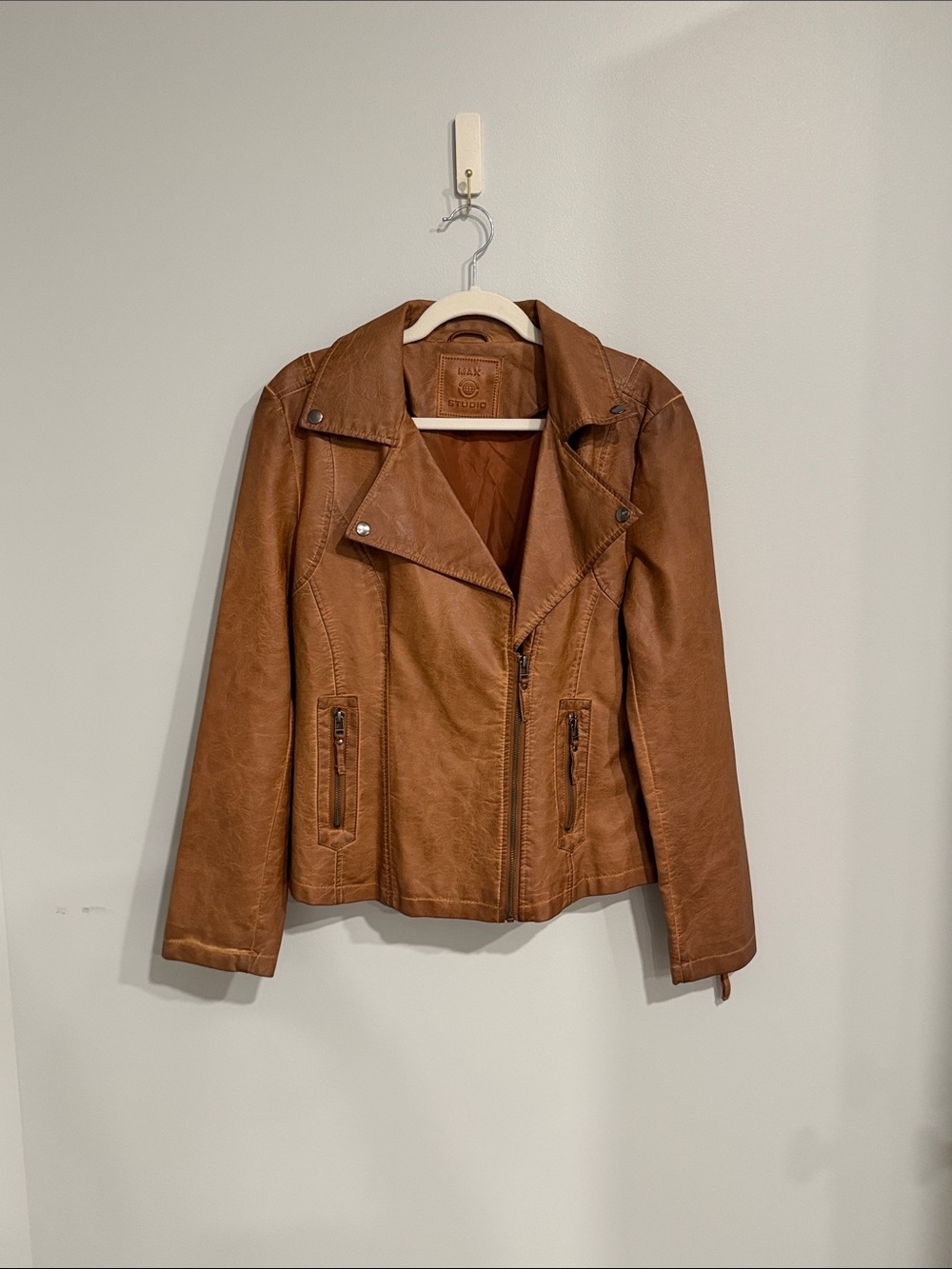 Max Studio Cognac Brown Faux Leather Moto Jacket Size Medium
